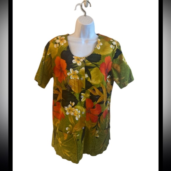 Sears Vintage 70s Hawaiian Fashions Button Up Short Sleeve Shirt Green Women - Picture 1 of 10
